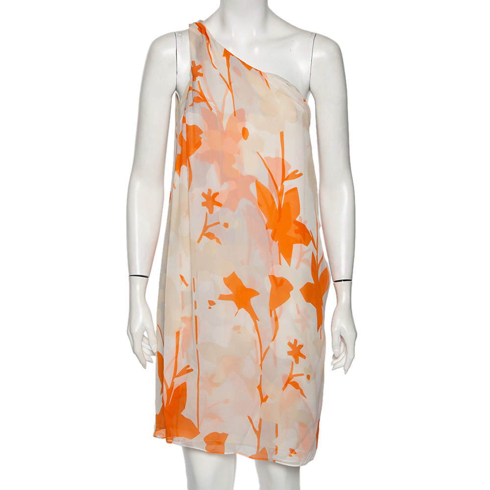 Pre Owned Diane Von Furstenberg Orange Printed Silk Liluye One Shoulder Short Dress M