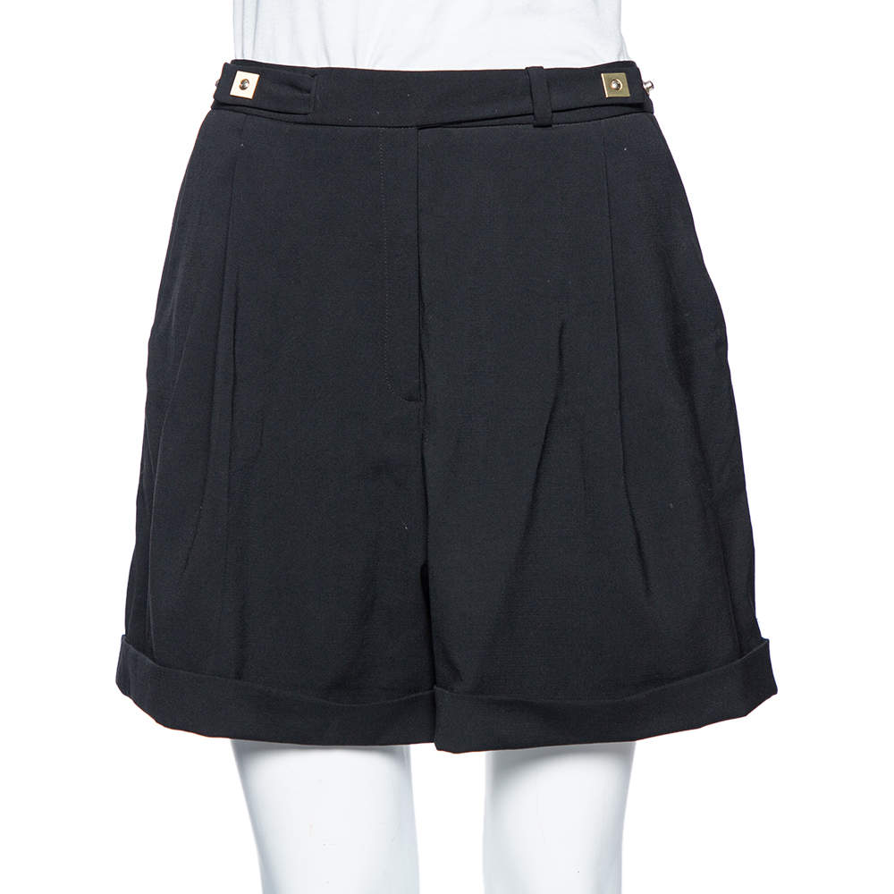 Diane von Furstenberg Black Wool Snap Button Detail High Waist Shorts M