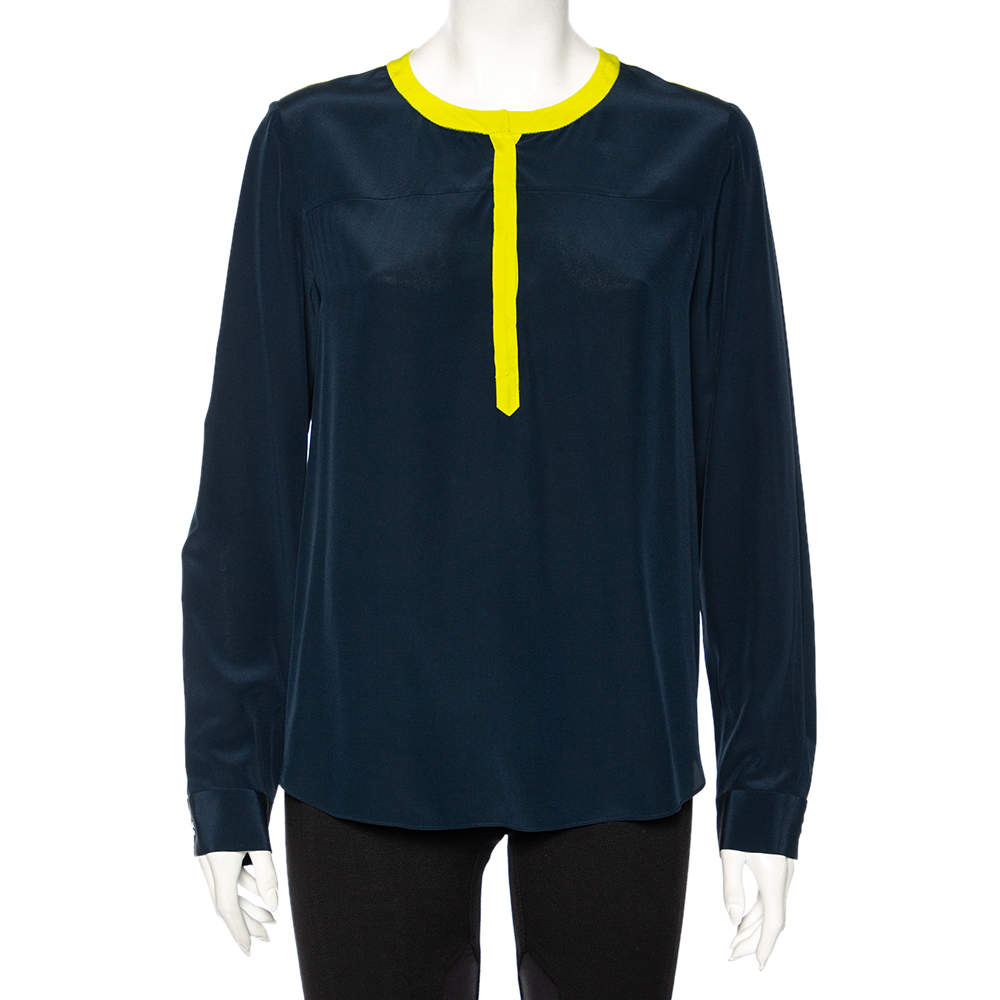 Pre Owned Diane Von Furstenberg Navy Blue Silk Maisy Contrast Collar Trim Detail Shirt L