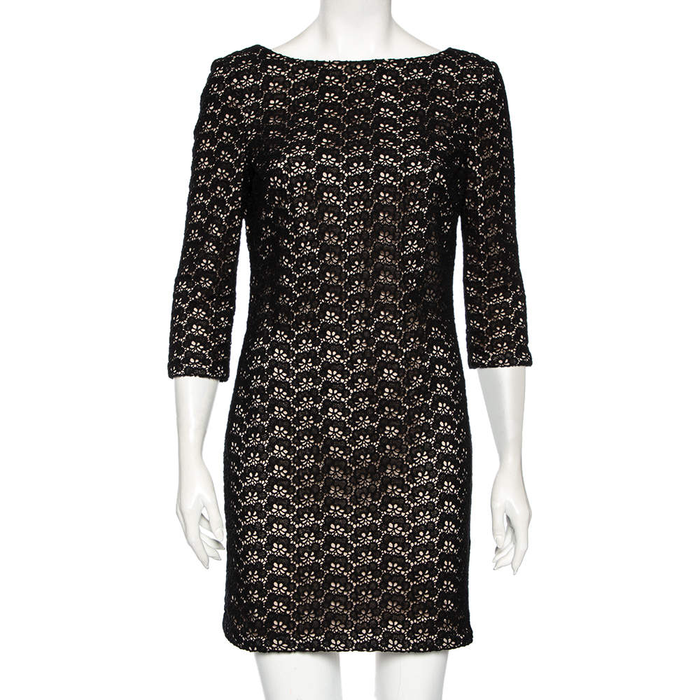 Pre Owned Diane von Furstenberg Black Floral Pattern Cutout Lace Dress M