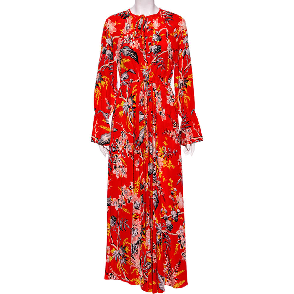 Pre Owned Diane von Furstenberg Orange Floral Printed Silk Bethany Midi Dress M