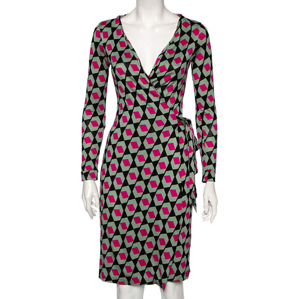Pre Owned Diane Von Furstenberg Multicolored Printed Silk New Julian Wrap Dress S
