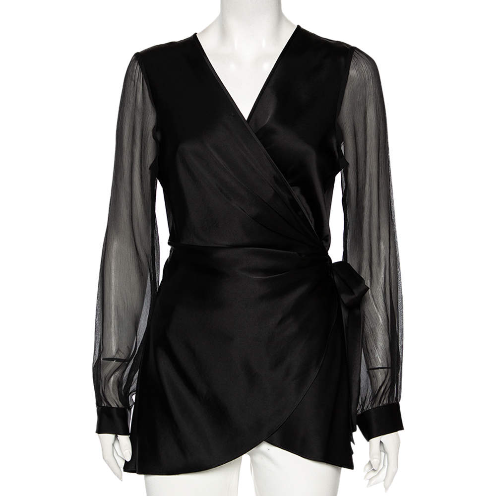 Pre Owned Diane von Furstenberg Black Satin Klee Sheer Sleeve Wrap Blouse M
