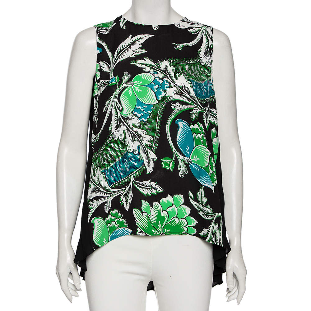 Pre Owned Diane von Furstenberg Green & Black Floral Printed Georgette Silvie Blouse S