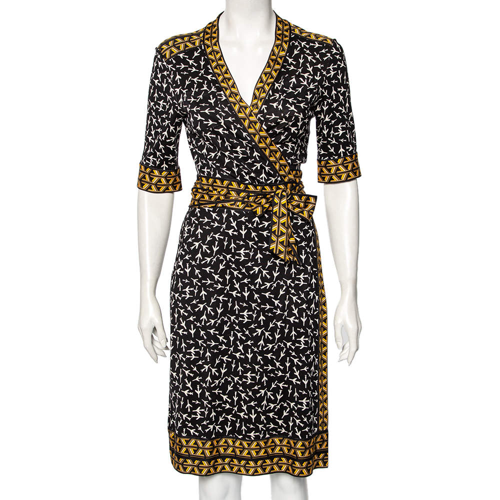 Pre Owned Diane Von Furstenberg Black Printed Silk Lucinda Wrap Dress L