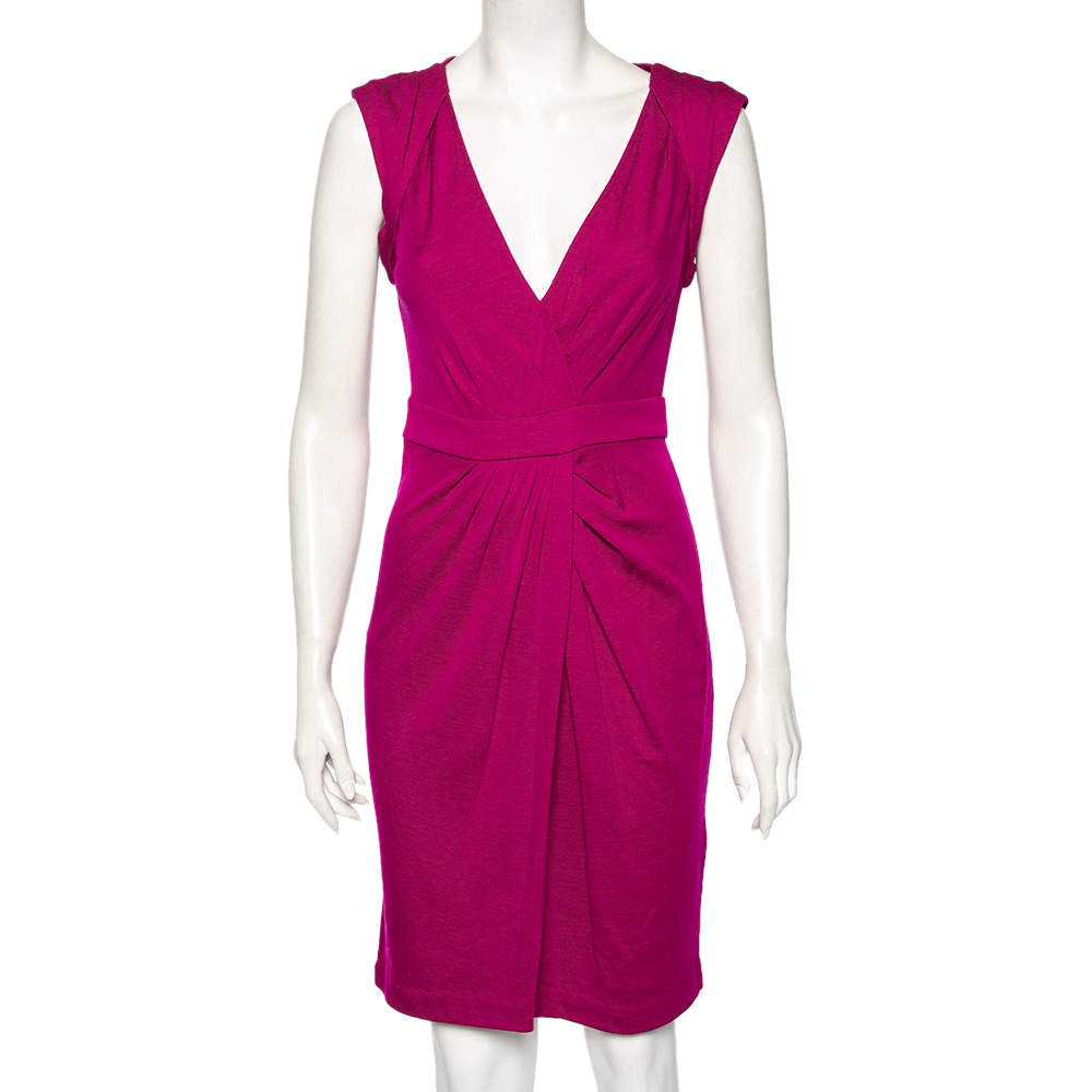 Pre Owned Diane von Furstenberg Fuchsia Wool Whitley Pleated Detailed Short Dress M