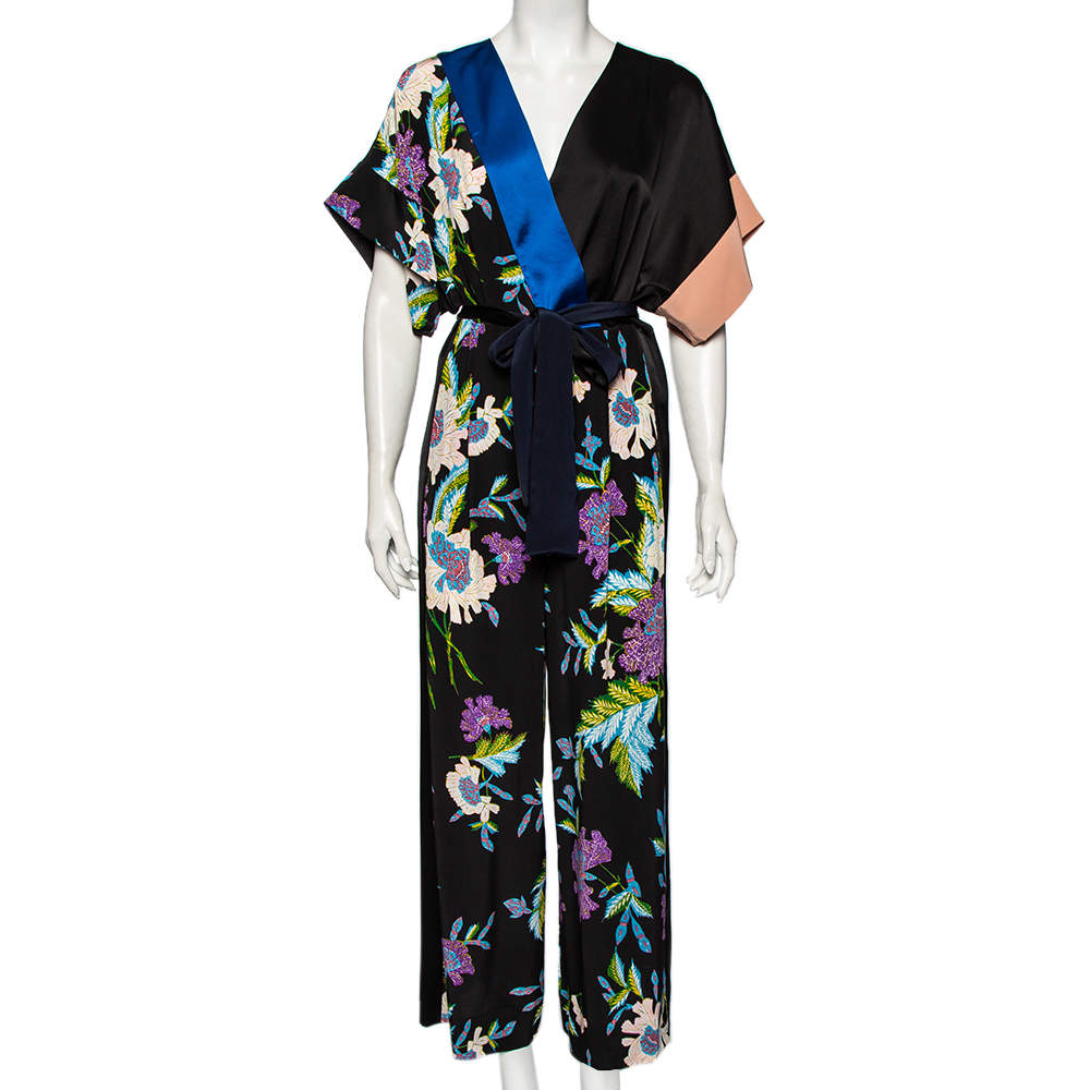 Diane von Furstenberg Black Floral Printed Silk Belted Jumpsuit M