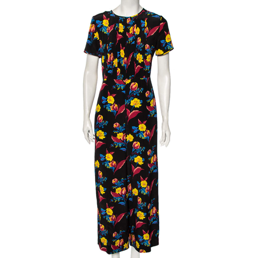 Pre Owned Diane von Furstenberg Black Floral Printed Silk Pintuck Detail Jumpsuit M