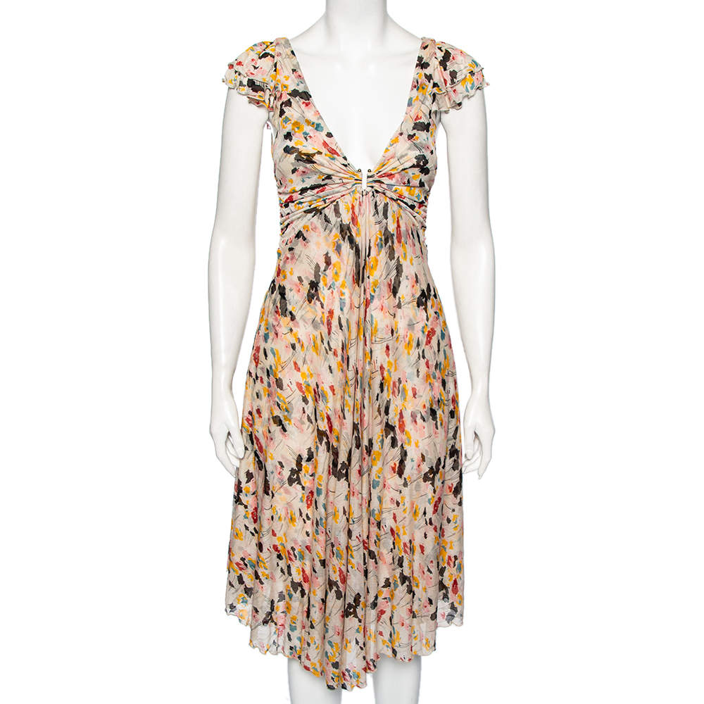 Pre Owned Diane von Furstenberg Multicolor Peony Printed Silk Knit Plunge Neck Eliet Dress S