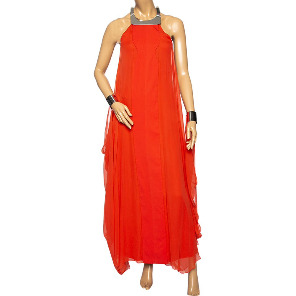 Pre Owned Diane von Furstenberg Orange Silk Chiffon Cuff Detailed Yakira Dress S