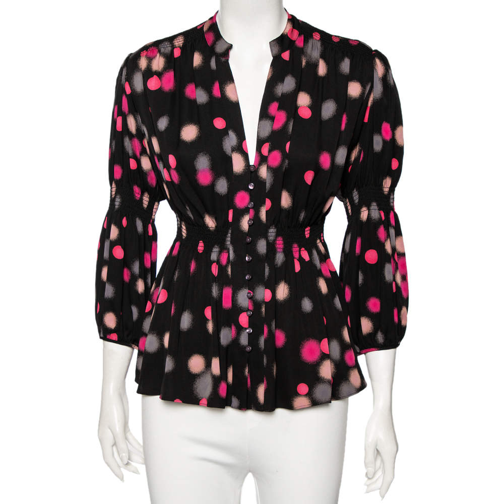 Pre Owned Diane von Furstenberg Black Polka Doted Silk Zazu Blouse S