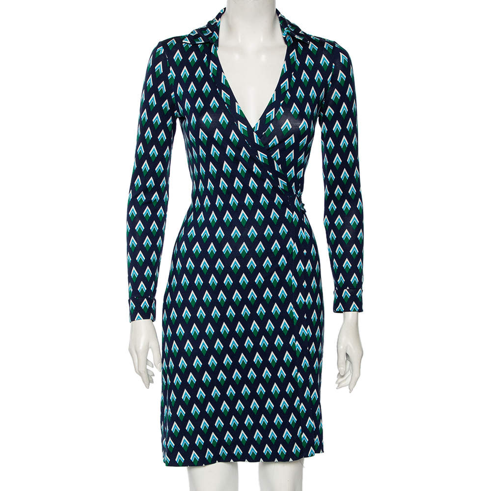 Pre Owned Diane von Furstenberg Navy Blue Diamond Patterned Silk Knit Wrap Dress S