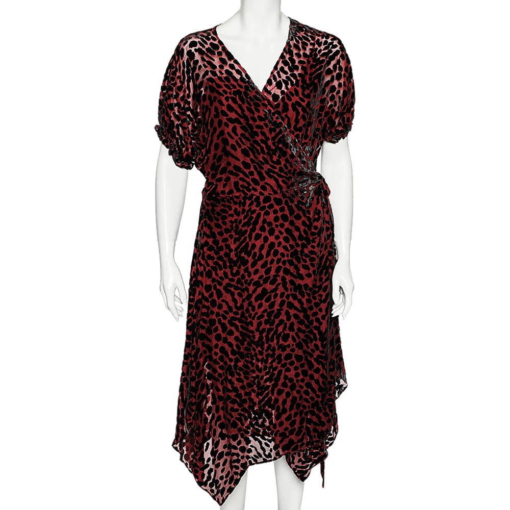Pre Owned Diane von Furstenberg Burgundy Leopard Pattern Devore Katherine Wrap Dress L
