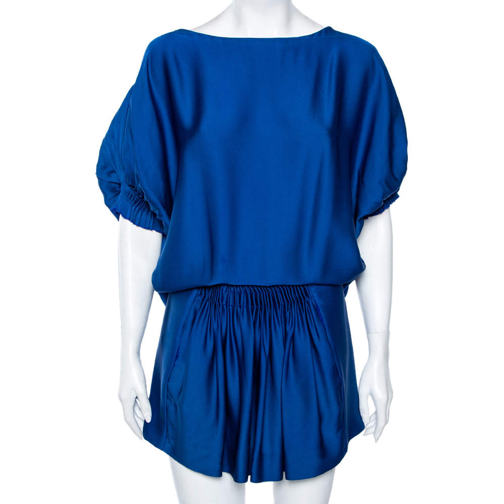 Pre Owned Diane von Furstenberg Blue Silk Ruched Handy Dress S