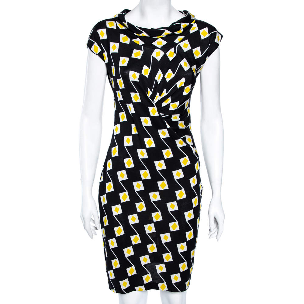 Pre Owned Diane von Furstenberg Black Geometric Printed Silk Gathered Detail Dress S