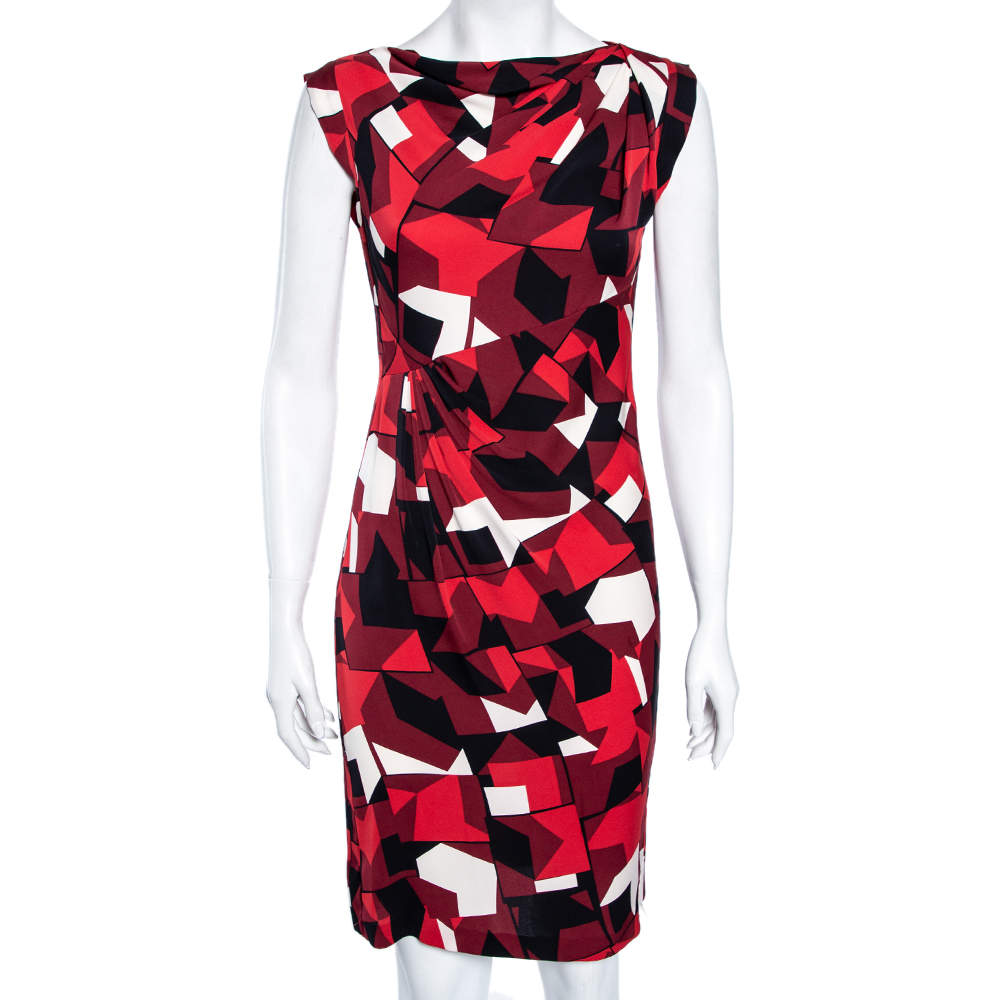 Pre Owned Diane von Furstenberg Burgundy Printed Silk Gathered Dress S