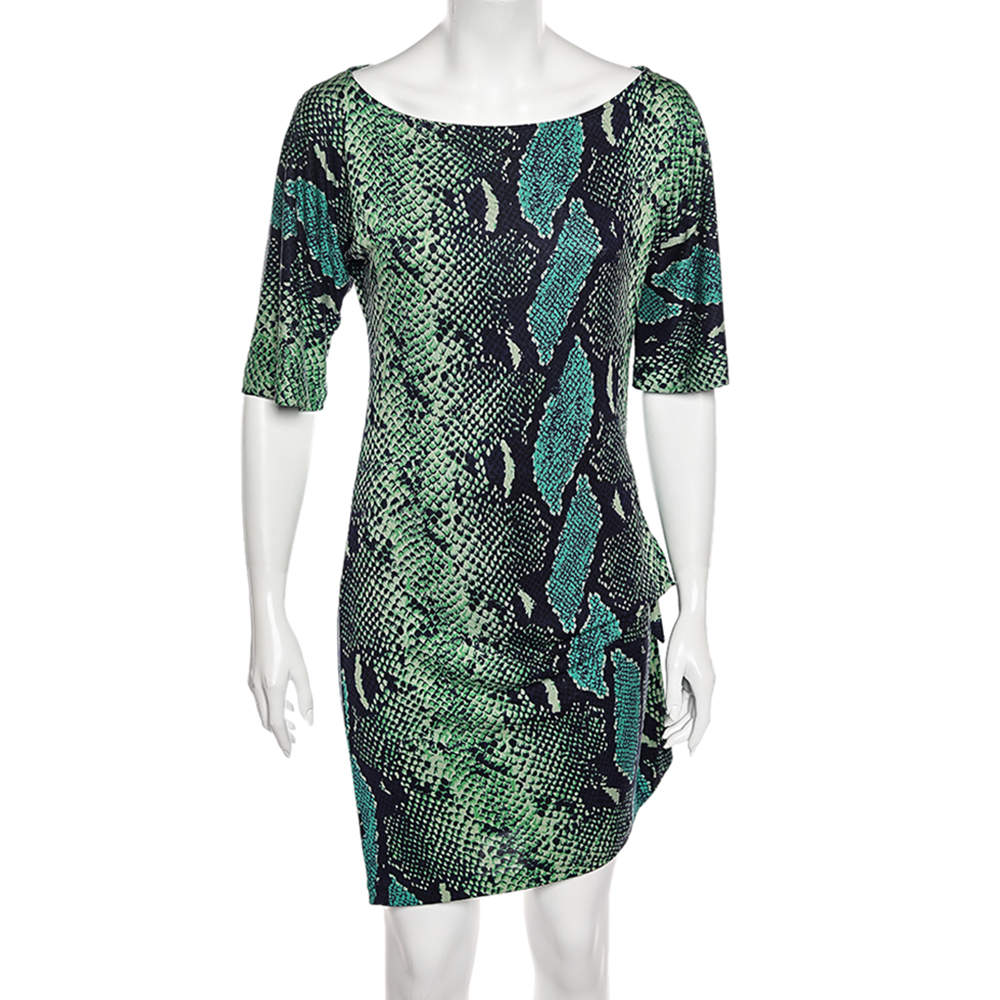 Pre Owned Diane von Furstenberg Green Printed Silk Knee Length Dress S