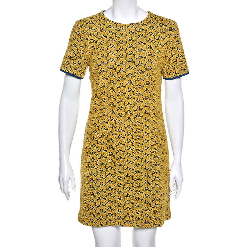 Pre Owned Diane von Furstenberg Yellow Lace Contrast Lined Shift Dress M