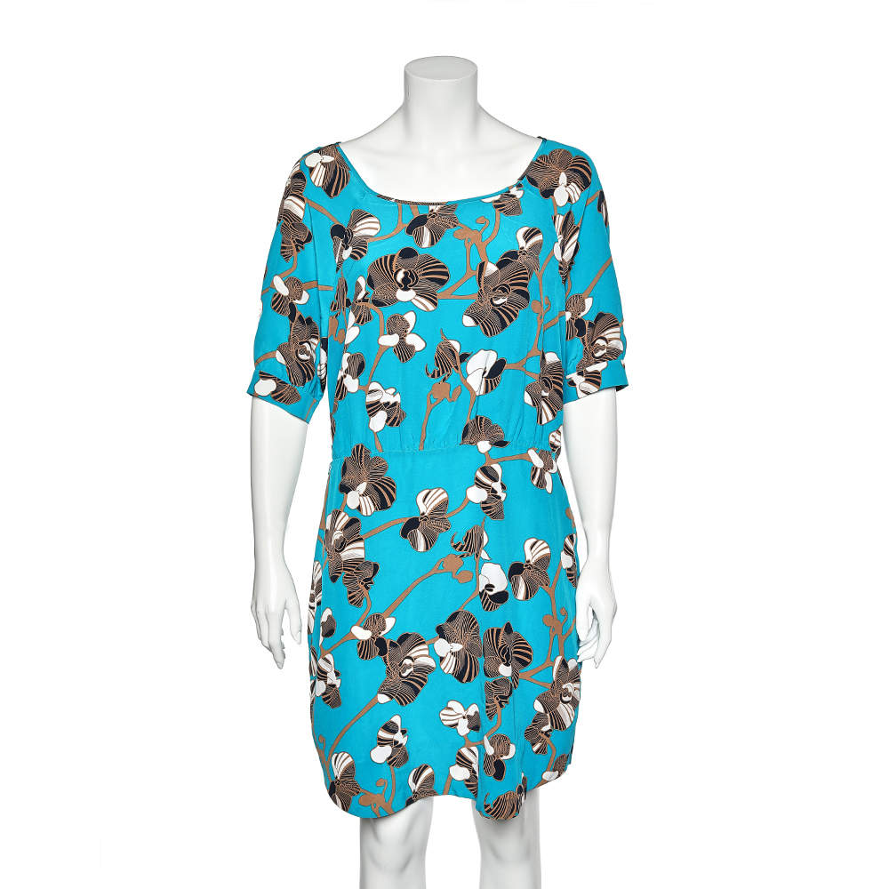 Pre Owned Diane Von Furstenberg Blue Printed Silk Dress L