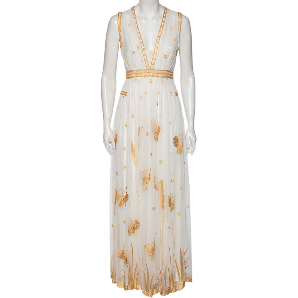 Pre Owned Diane Von Furstenberg Ivory and Gold Embroidered Tulle Vivanette Goddess Gown M
