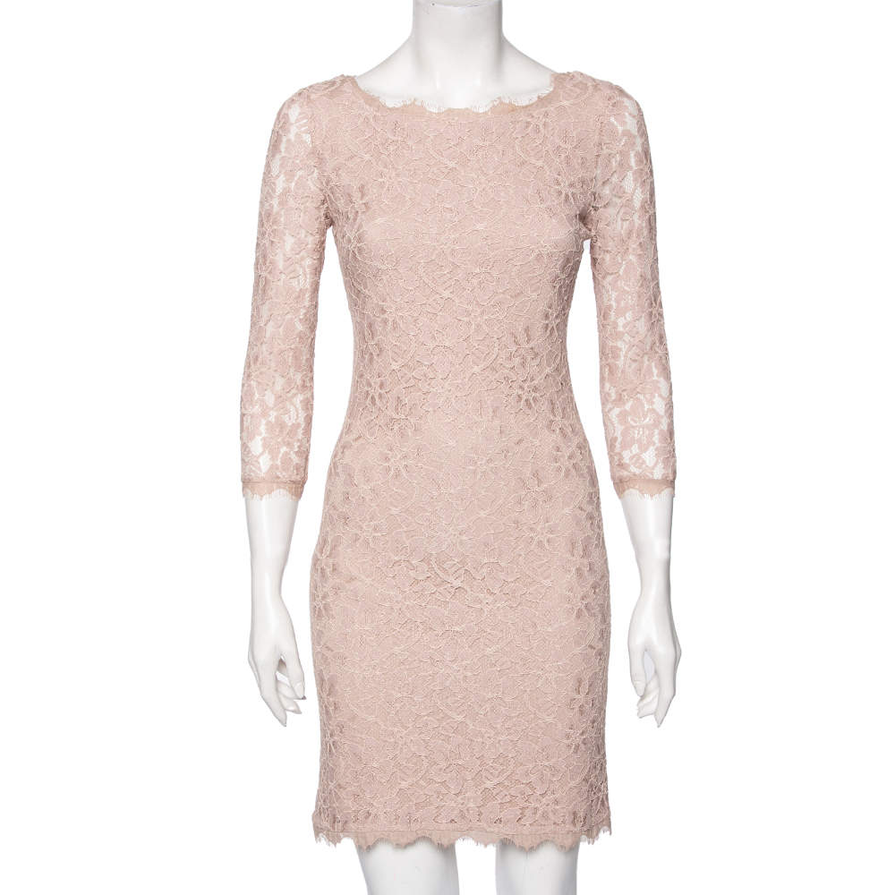 Pre Owned Diane von Furstenberg Dusky Pink Lace Zarita Long Dress XS