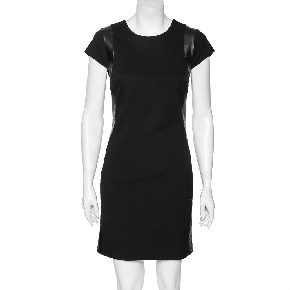 Pre Owned Diane von Furstenberg Black Knit Pele Leather Short Sleeve Dress M