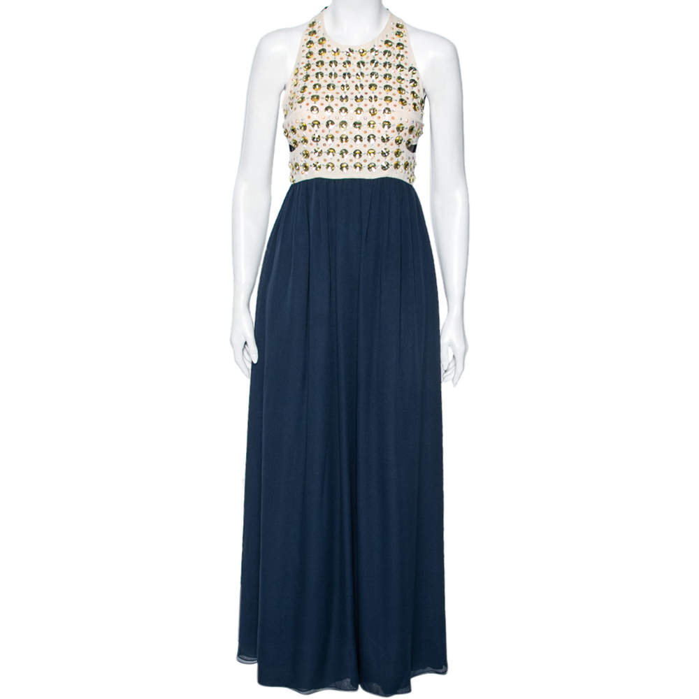 Pre Owned Diane Von Furstenberg Navy Blue & Cream Crystal Embellished Silk Gidget Dress S