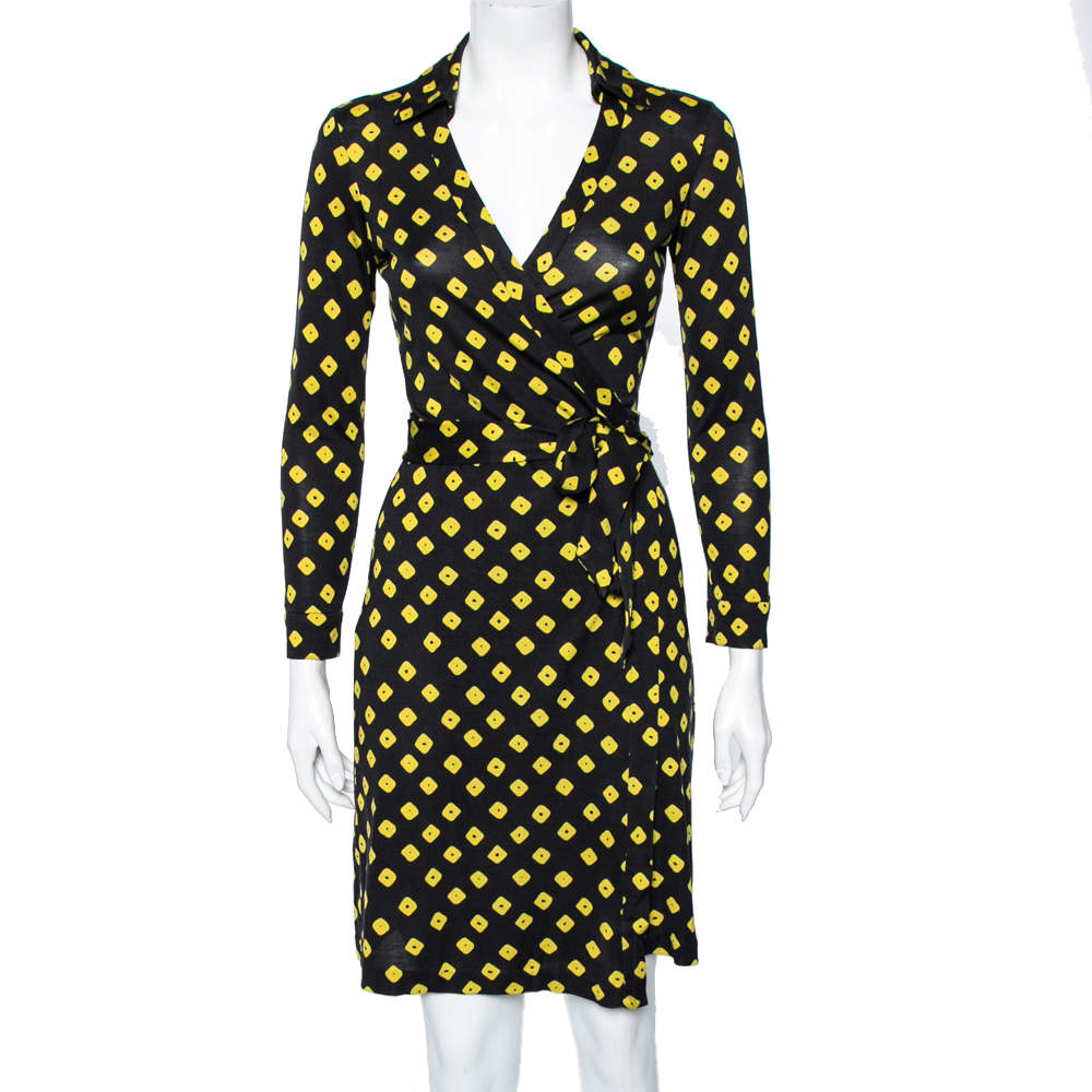 Pre Owned Diane Von Furstenberg Black Printed Silk Jersey New Jeanne Wrap Dress S