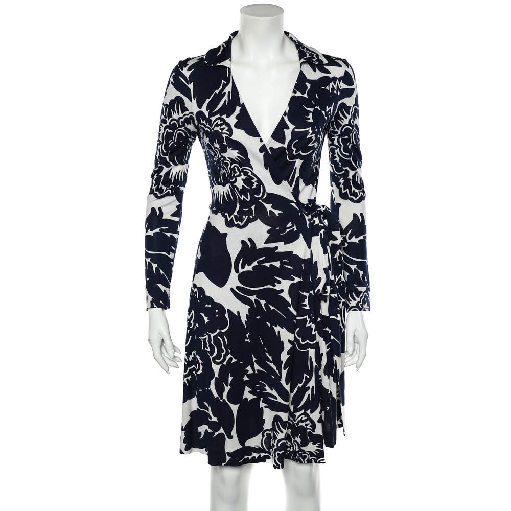 Pre Owned Diane von Furstenberg Navy Blue Floral Printed Silk Knit T72 Mini Wrap Dress M