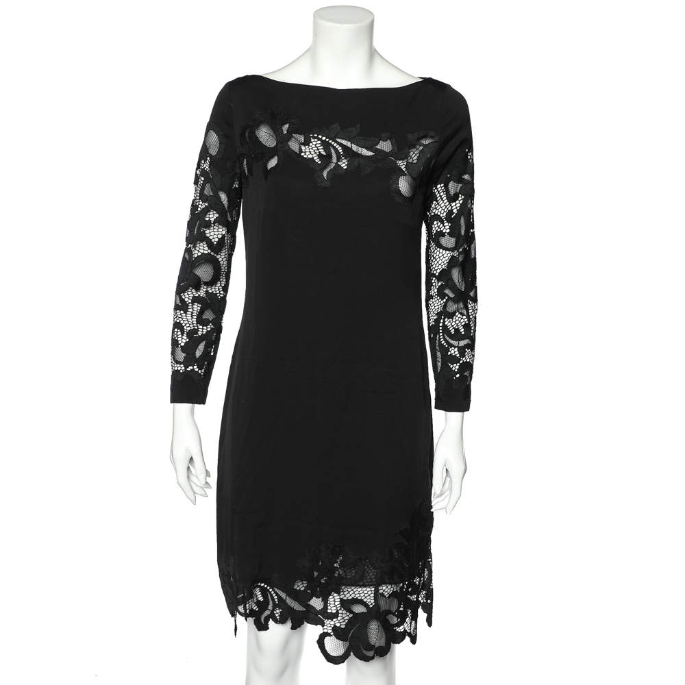 Pre Owned Diane von Furstenberg Black Silk & Lace Trim Ernestina Dress M