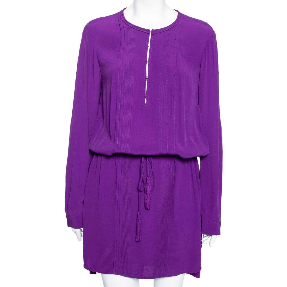 Pre Owned Diane Von Furstenberg Purple Crepe Pleat Front Sliced Dress M