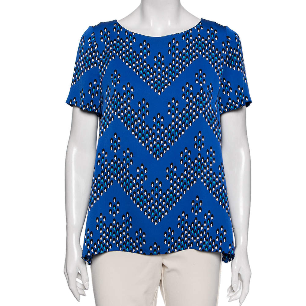 Pre Owned Diane von Furstenberg Blue Silk Maggy Chevron Dots Printed Top M