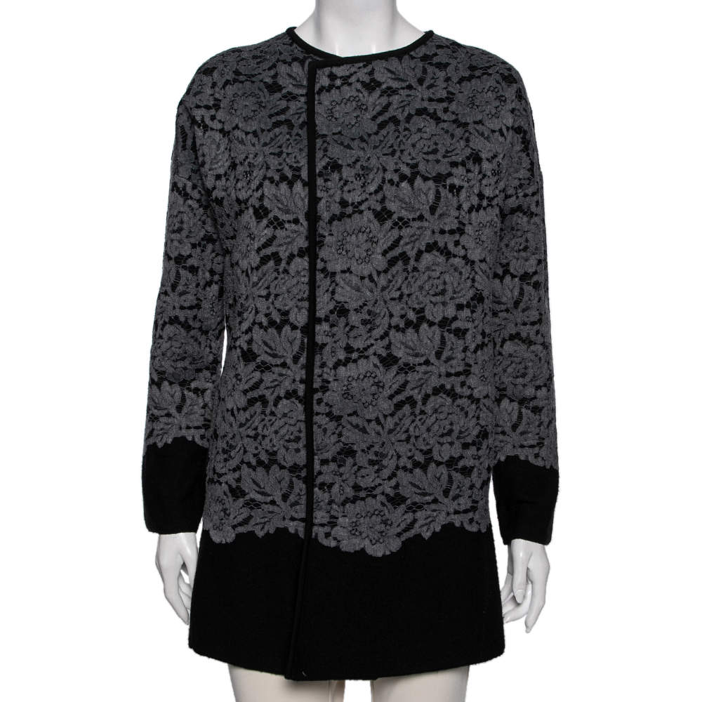 Diane von Furstenberg Grey Wool & Lace Open Front Long Cardigan S
