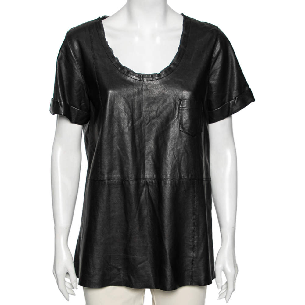 Pre Owned Diane Von Furstenberg Black Leather Jenning Short Sleeve Top M