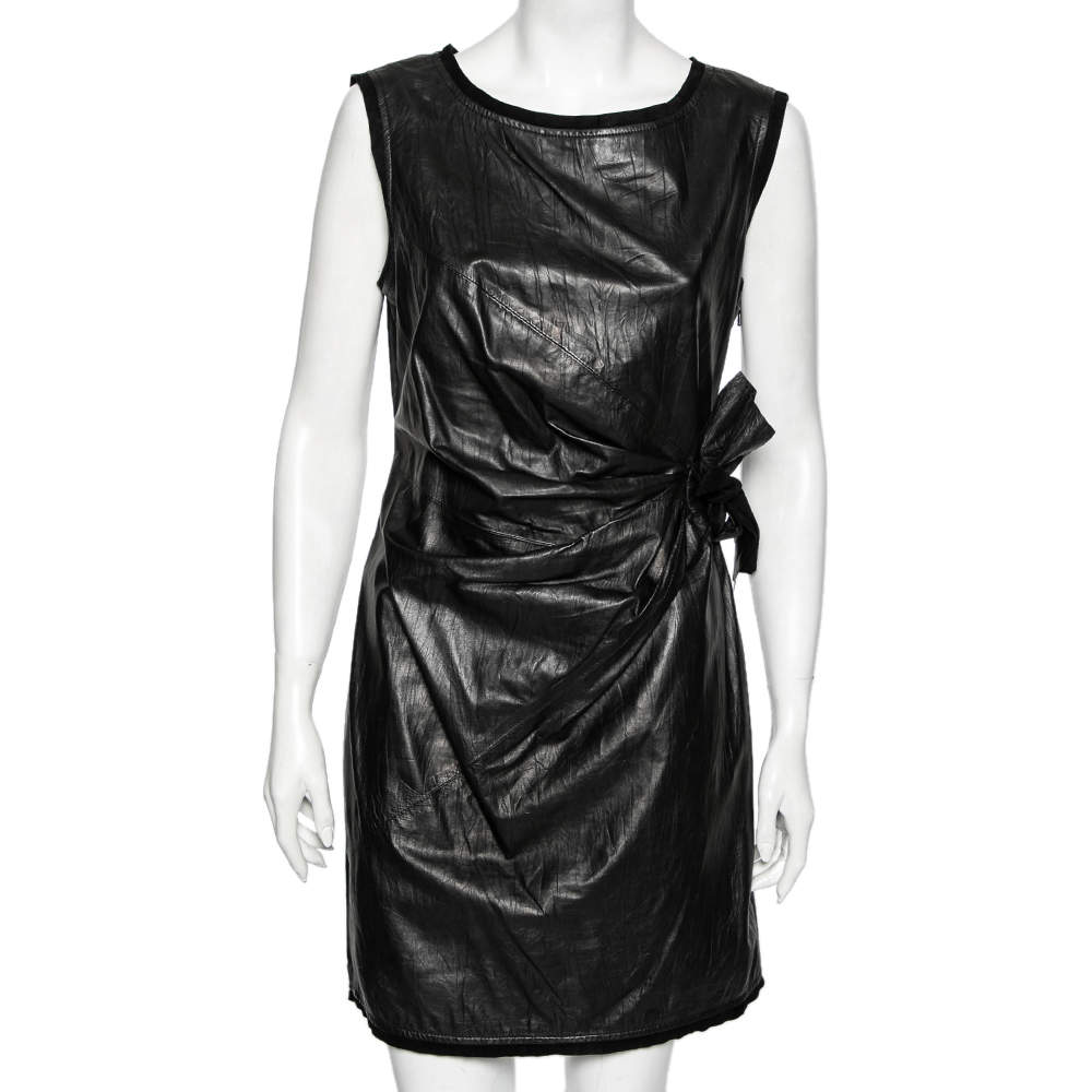 Pre Owned Diane von Furstenberg Black Leather Tie Detail Draped Della Dress L