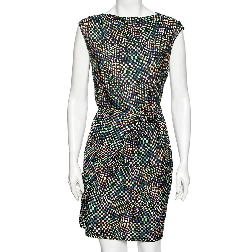 Pre Owned Diane Von Furstenberg Multicolored Printed Jersey Tie Detail Manda Dress L