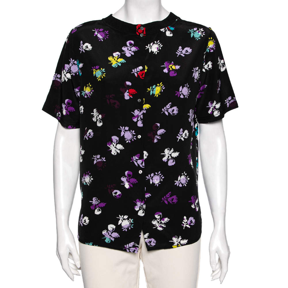 Pre Owned Diane Von Furstenberg Black Floral Print Silk Top M