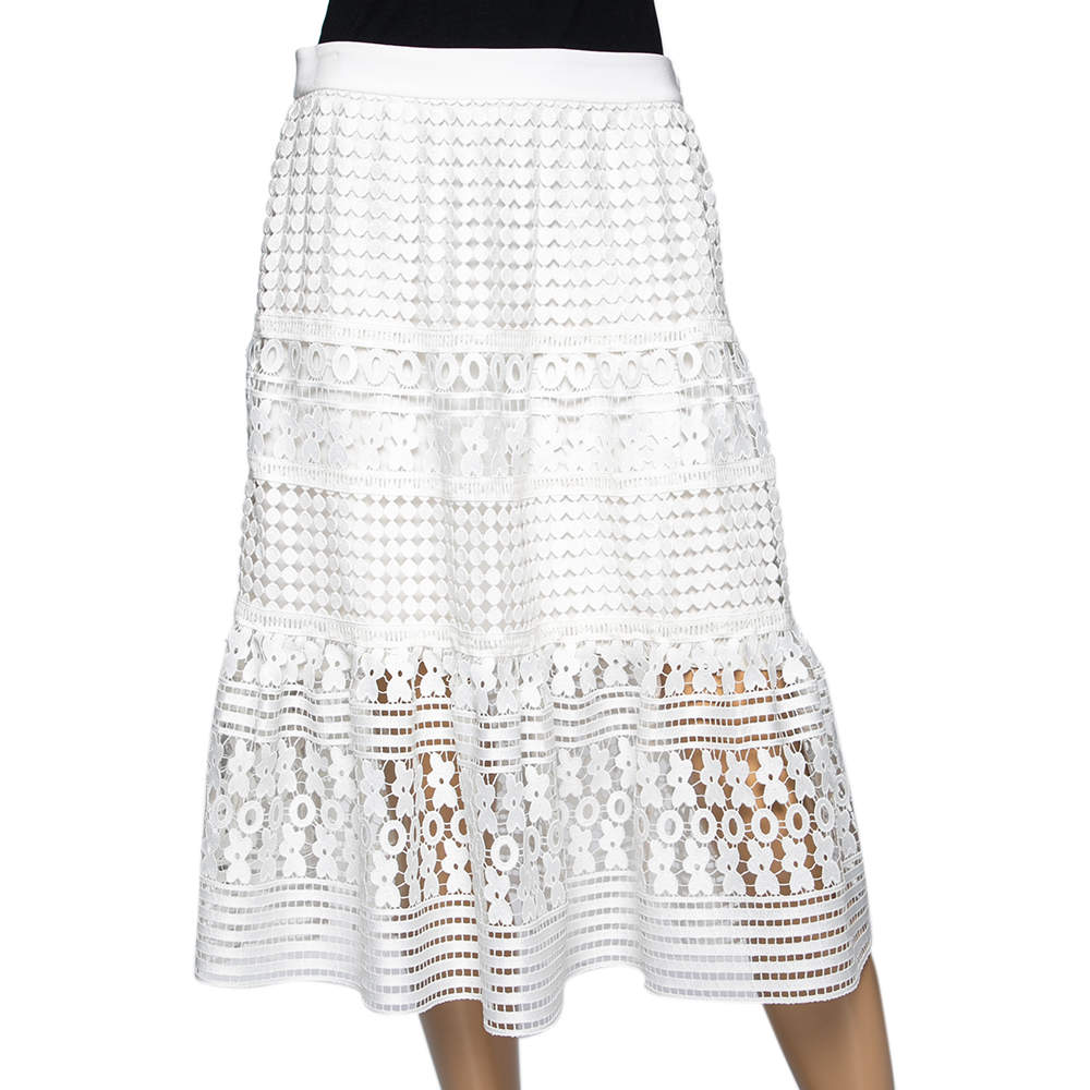 Pre Owned Diane von Furstenberg White Lace Tiana Skirt M