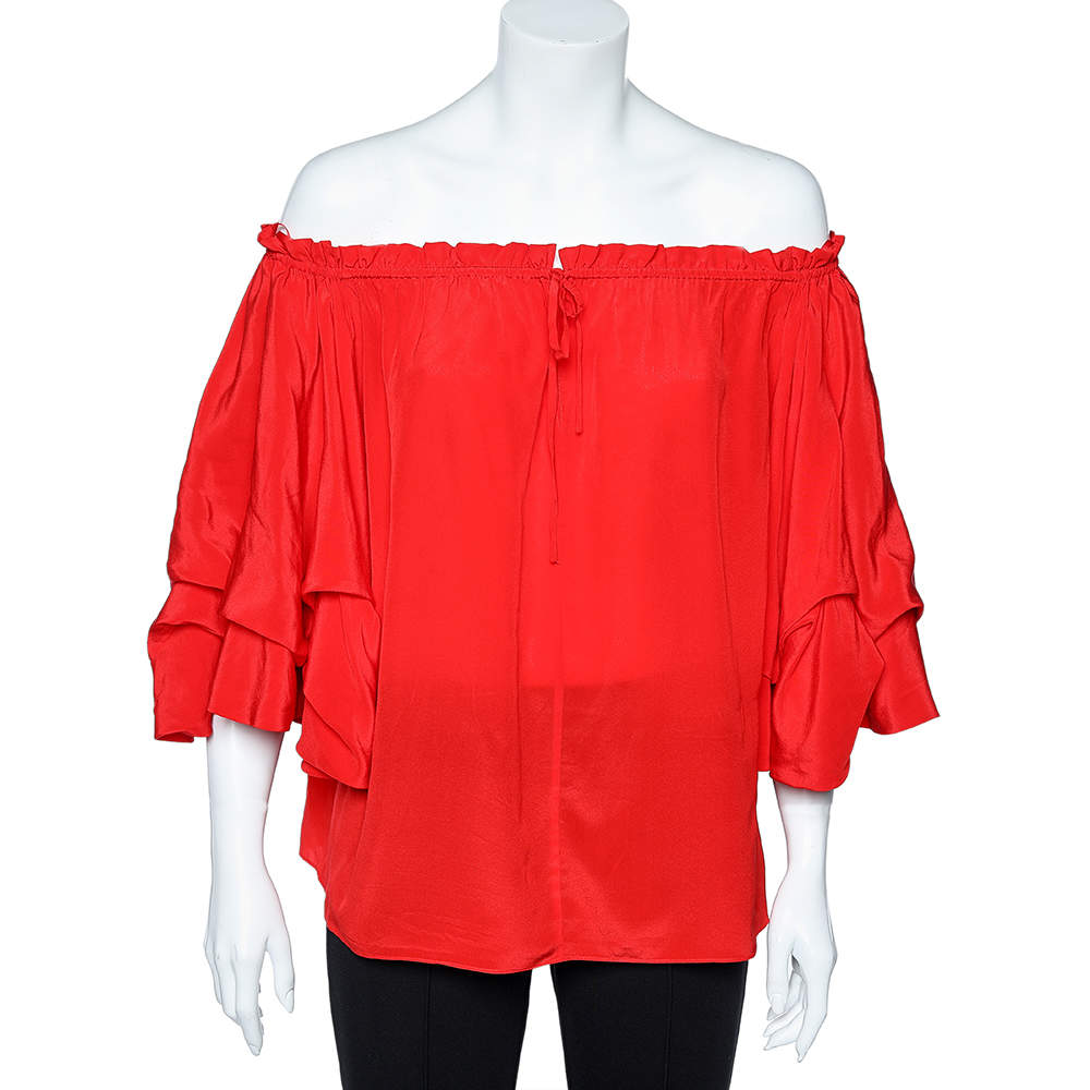 Diane von Furstenberg Red Silk Off Shoulder Ruffled Top S