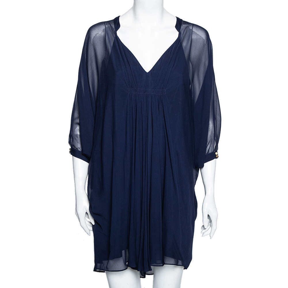 Pre Owned Diane Von Furstenberg Navy Blue Front Pleated Dolman Sleeves Mini Dress S