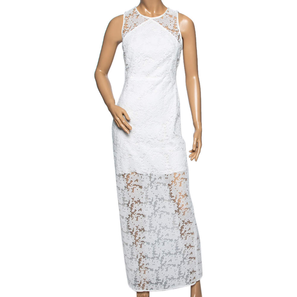 Pre Owned Diane von Furstenberg White Mesh Paneled Overlay Gown Back Slit Dress S