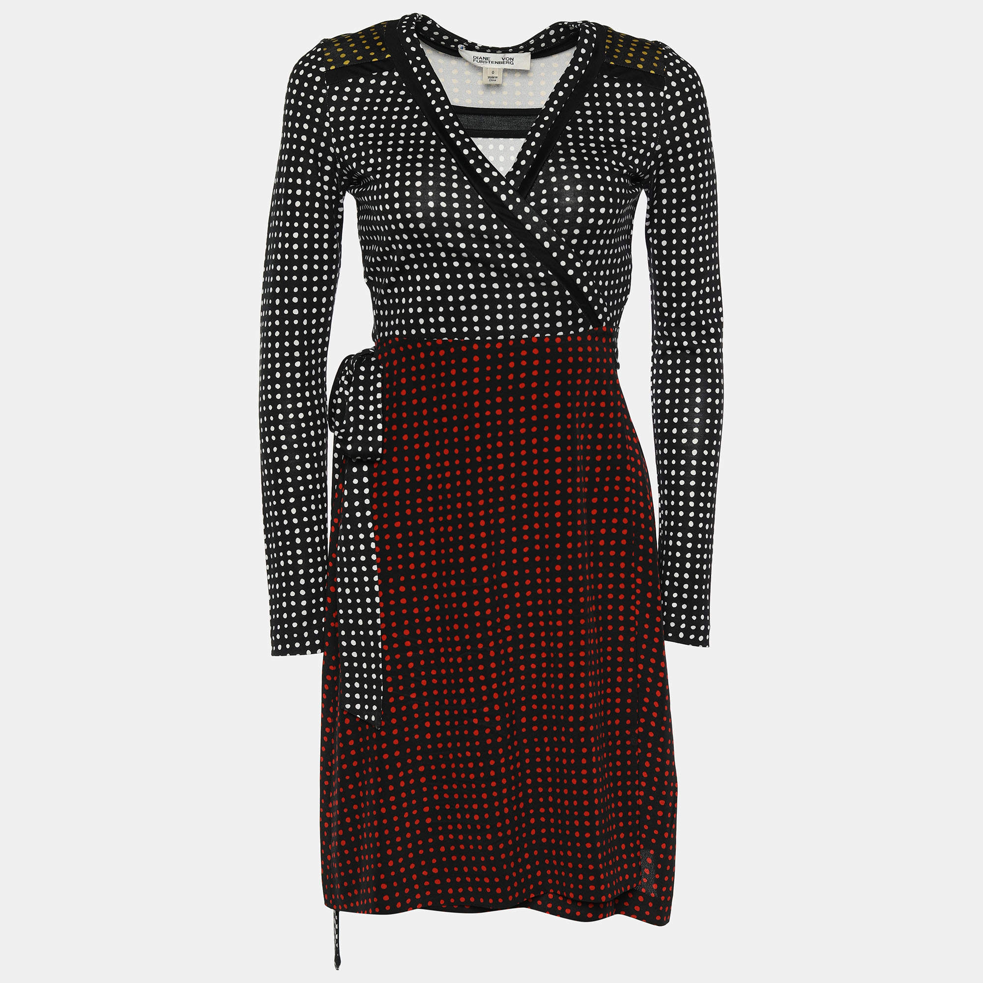 Pre Owned Diane Von Furstenberg Colorblock Polka Dotted Silk Ferma Wrap Dress XS