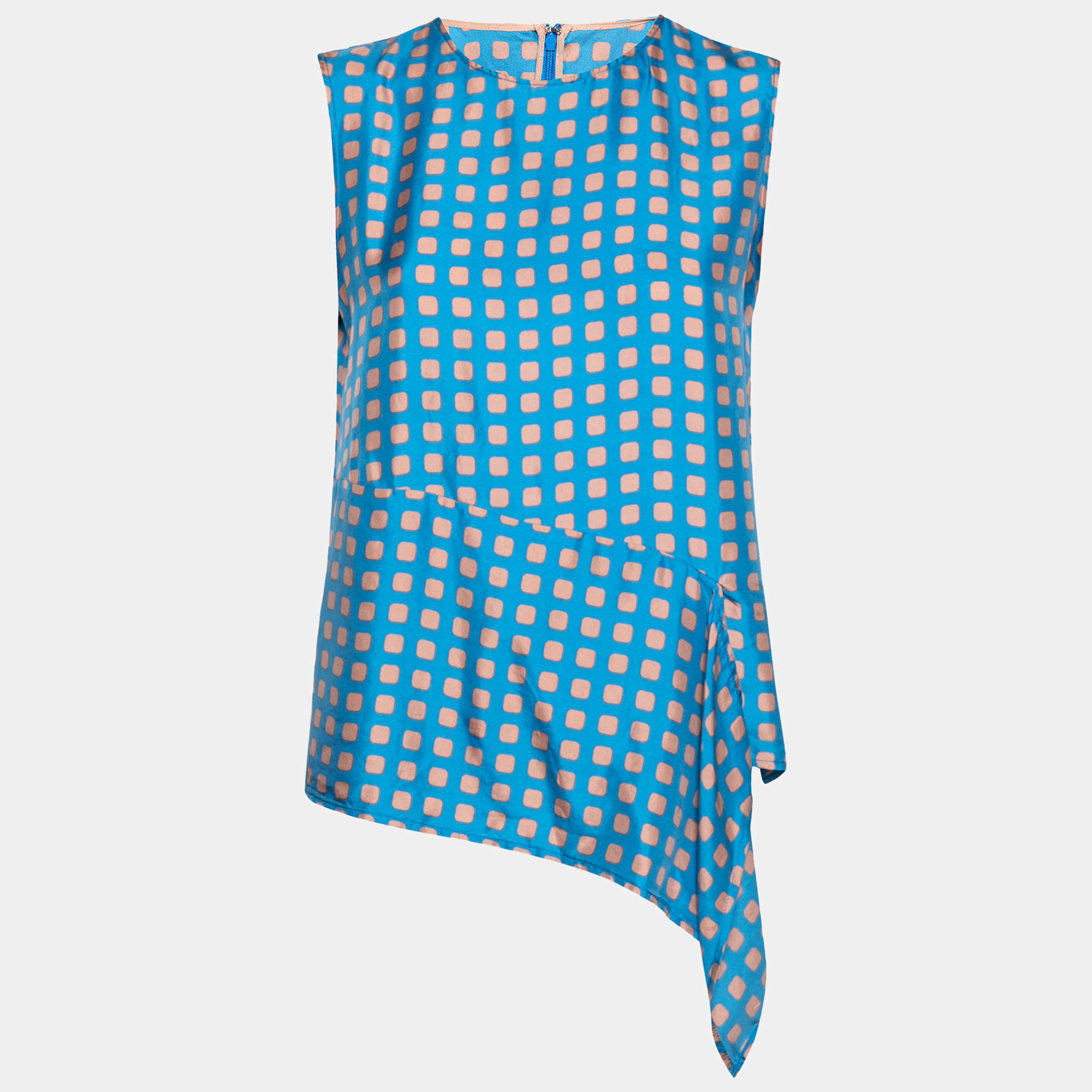 Pre Owned Diane Von Furstenberg Blue Printed Silk Ruffle Front Sleeveless Blouse M