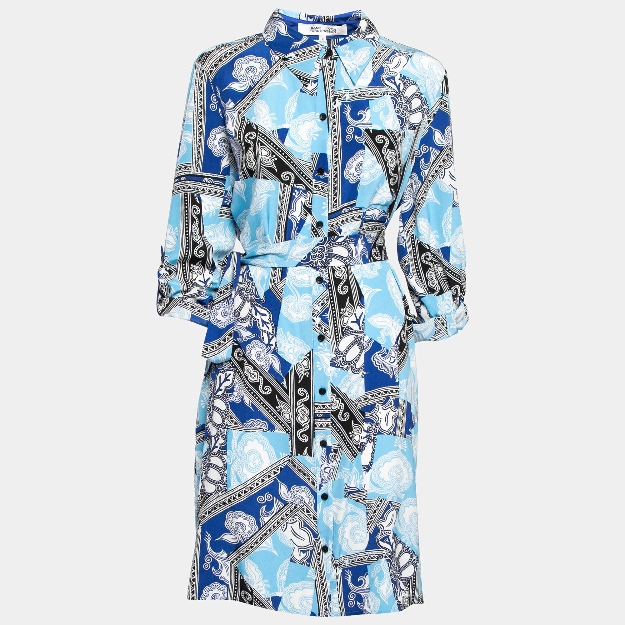 Pre Owned Diane von Furstenberg Blue Printed Silk Belted Shirt Dress L