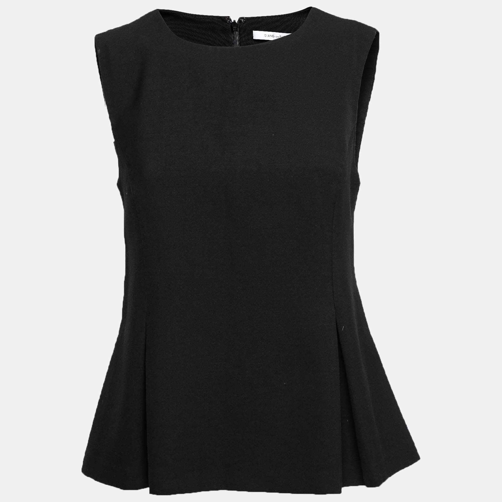 Pre Owned Diane Von Furstenberg Black Knit Sleeveless Peplum Top L