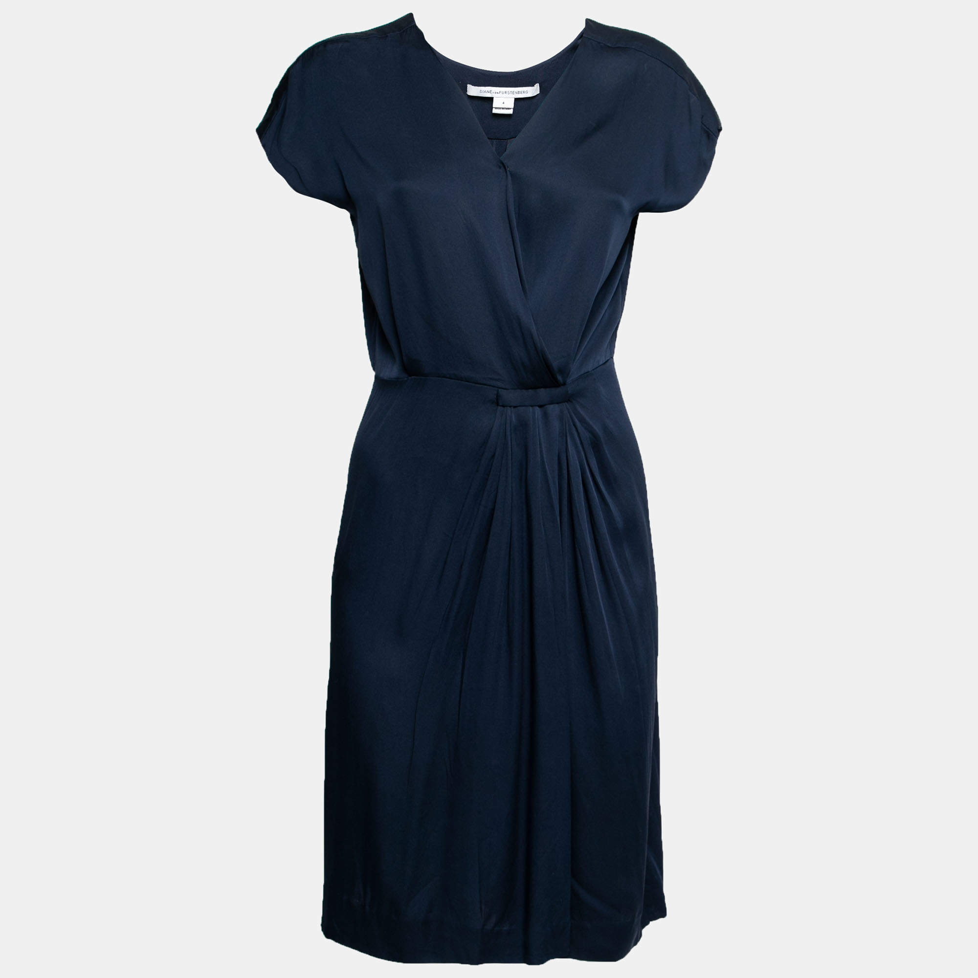 Pre Owned Diane von Furstenberg Navy Blue Silk Pleated Dress S