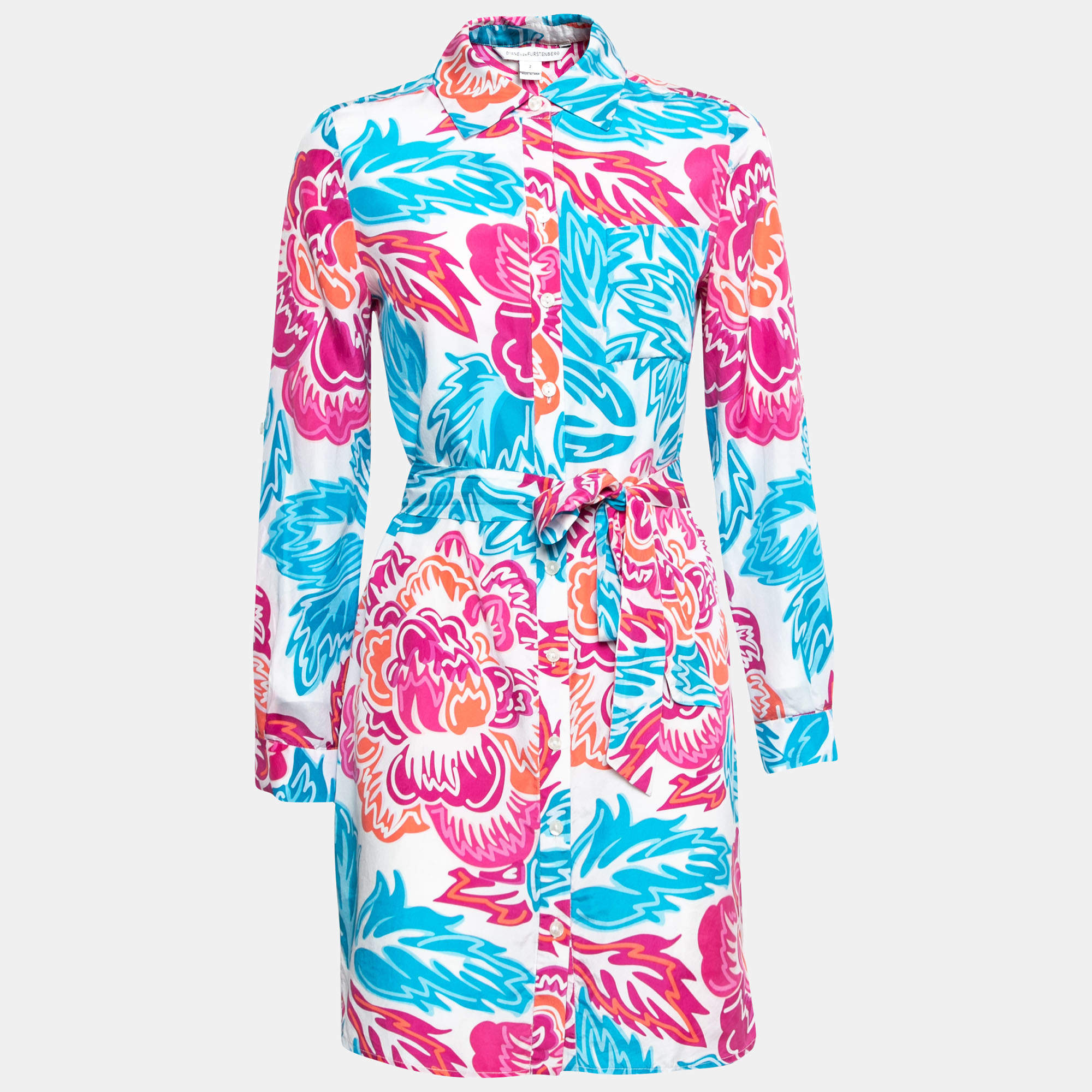Pre Owned Diane von Furstenberg Multicolor Printed Silk Prita Belted Shirt Dress S