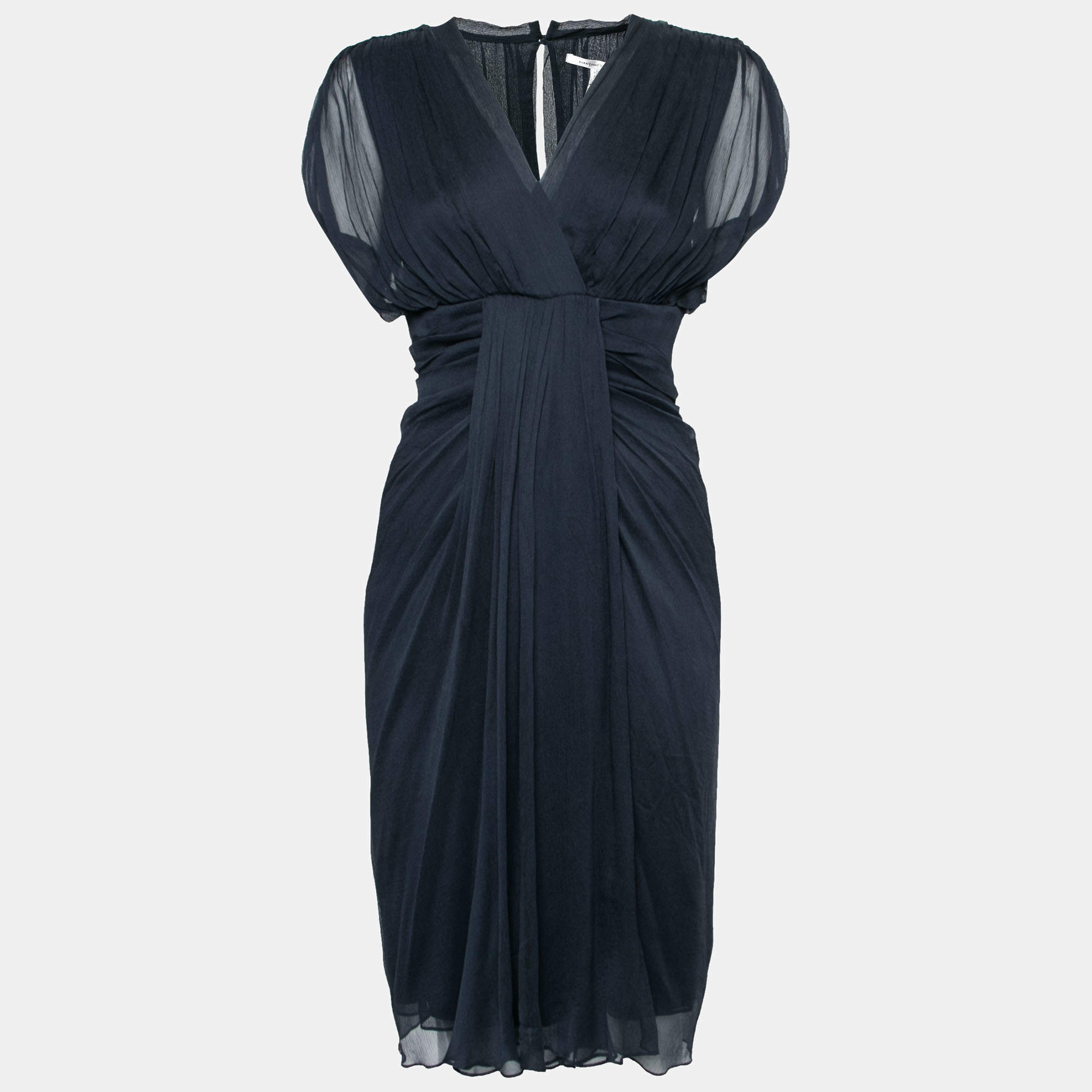 Pre Owned Diane Von Furstenberg Navy Blue Silk Chiffon Draped Dress M