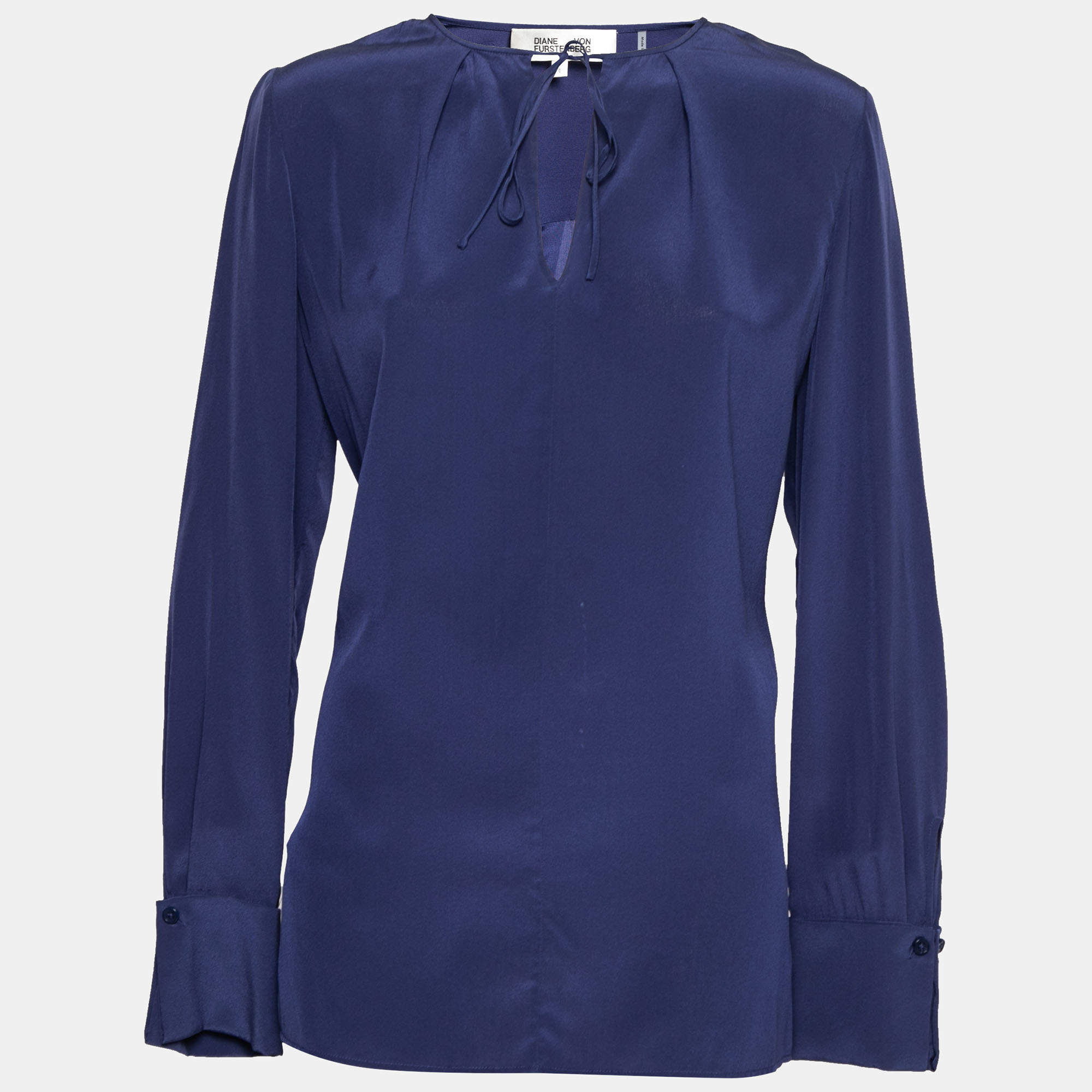 Pre Owned Diane Von Furstenberg Navy Blue Silk Neck Tie Blouse M