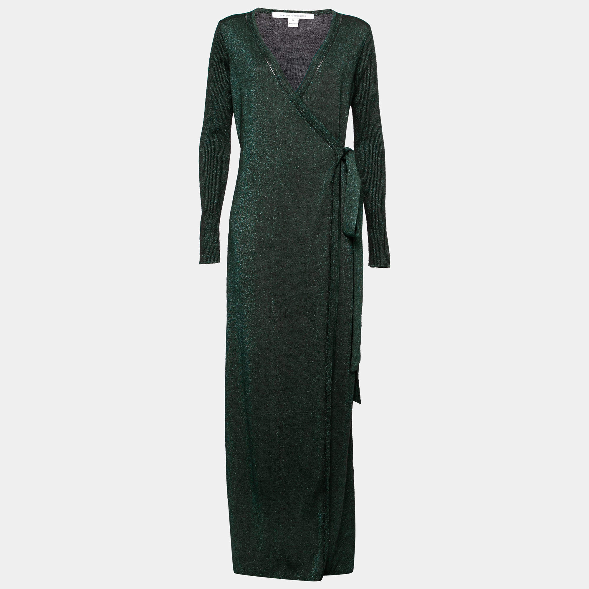 Pre Owned Diane Von Furstenberg Green Lurex Wool Knit Evelyn Maxi Wrap Dress M